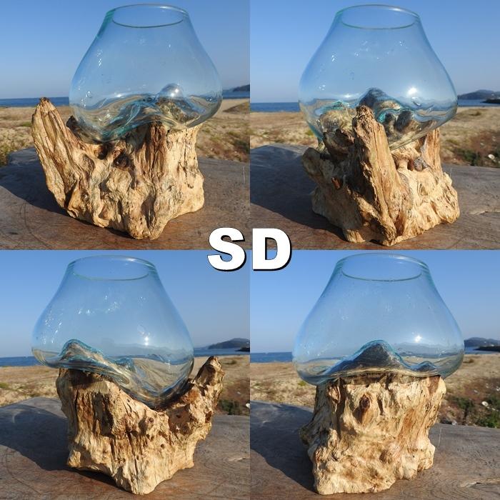 吹きガラスと天然木のオブジェ S20 金魚鉢 メダカ水槽 花瓶 流木ガラス