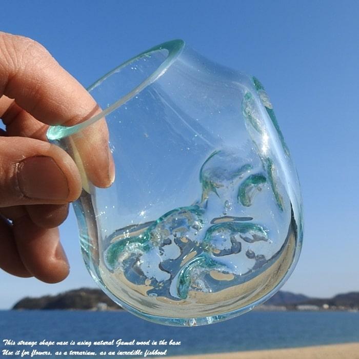 吹きガラスと天然木のオブジェ W8 金魚鉢 メダカ水槽 花瓶 流木ガラス