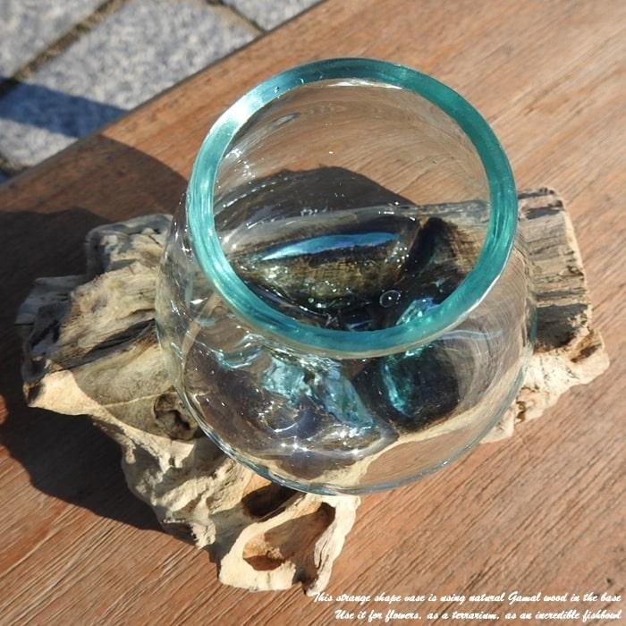 吹きガラスと天然木のオブジェ W8 金魚鉢 メダカ水槽 花瓶 流木ガラス