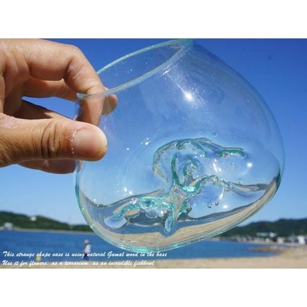 吹きガラスと天然木のオブジェ XS15 金魚鉢 メダカ水槽 花瓶
