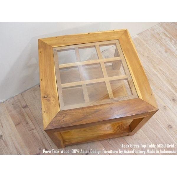 チーク無垢材 アジアン家具 2段 ガラストップテーブル スクエア50cm