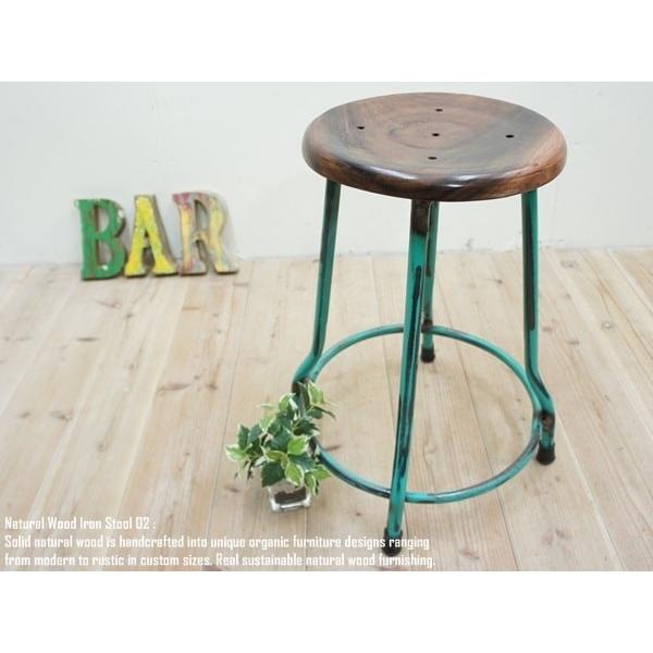 天然木アイアンスツール02GR アンティークグリーン 送料無料 アンティーク風 アジアン家具 木製いす 天然木イス バリ家具