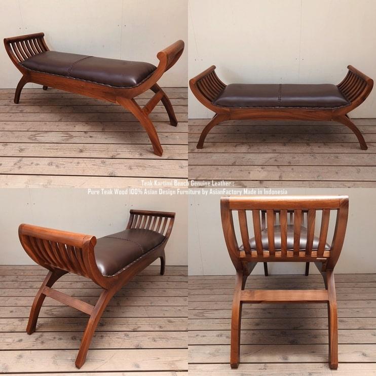 ベンチ 本革 木製 牛革 レザー 革製 腰掛 椅子 長椅子 天然木 チーク材