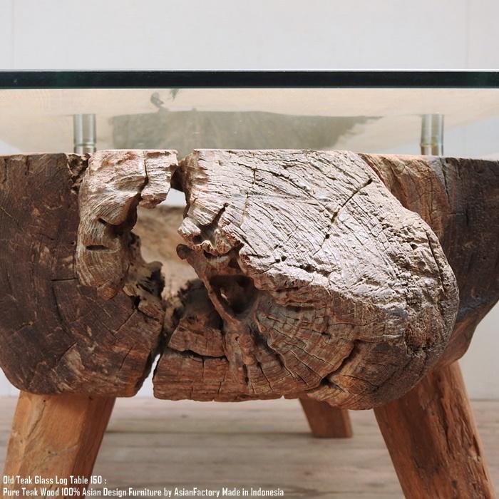 希少 オールドチーク ガラス 丸太 テーブル 155cm×50cm×42cm