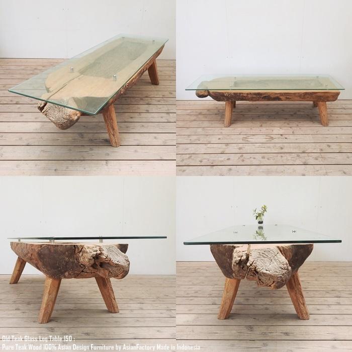 希少 オールドチーク ガラス 丸太 テーブル 155cm×50cm×42cm