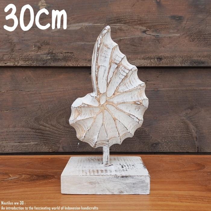 木製オブジェ オウムガイ 30cm 貝 ホワイトウォッシュ 木彫りのアート 