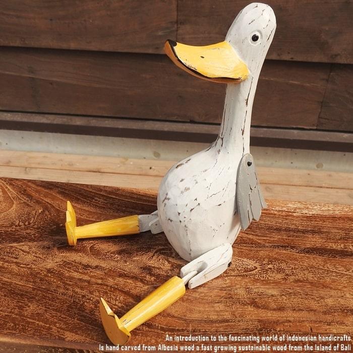 お座り アヒルさん 白 Lサイズ ウェルカム人形 家鴨 あひる 木製 天然