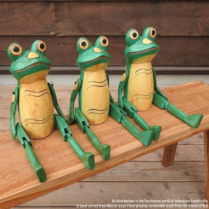 アフリカンスタイル 木製置物セット ウエルカムサイン付き お座り カエルさん 黄色 Lサイズ ウェルカム人形 蛙 かえる 木製