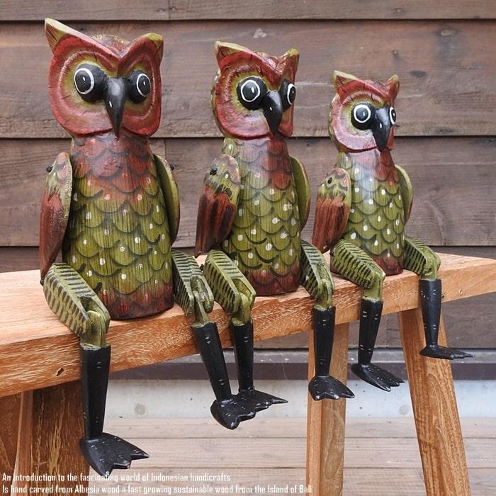 お座り フクロウさん Mサイズ ウェルカム人形 ふくろう 木製 木彫りの  