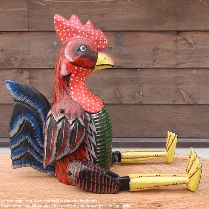 ストライプ模様の木製鶏の置物 お座り ニワトリさん [2] Lサイズ ウェルカム人形 鶏 鳥 木製 木彫りの