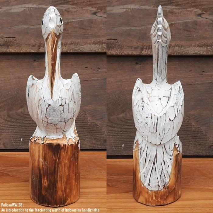 木製オブジェ 木にとまるペリカンさん 25cm ホワイトウォッシュ 木彫り