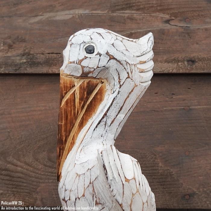 木製オブジェ 木にとまるペリカンさん 25cm ホワイトウォッシュ 木彫り