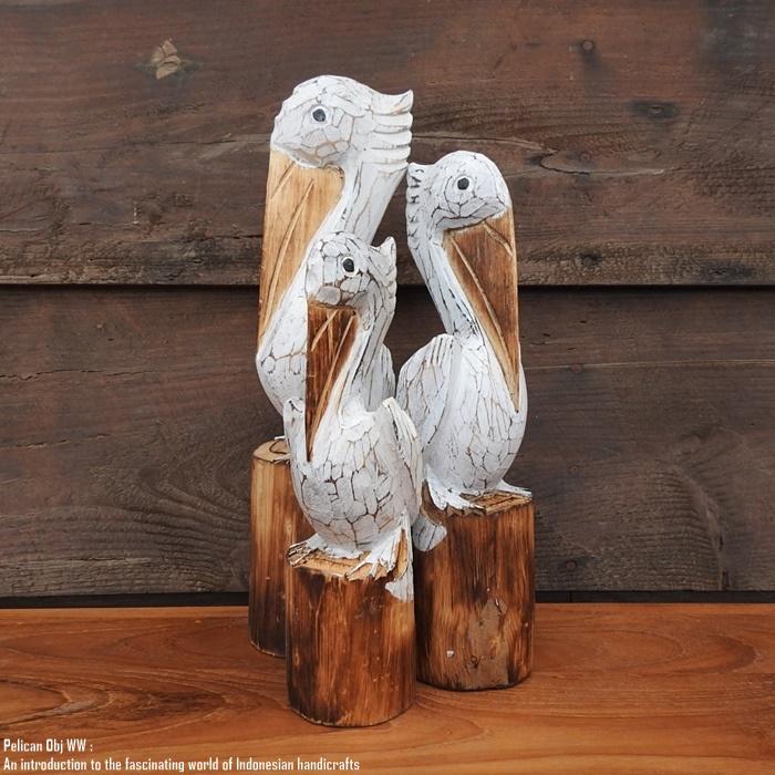 【美品】トリ　鳥　ペリカン　木彫り　置物　インテリア　工芸品　美術品　A3175 木製オブジェ 木にとまるペリカンさん 25cm ホワイトウォッシュ 木彫り