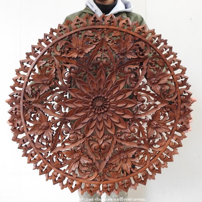 天然木の木彫りレリーフ 80cm ラウンドモデル ウッドレリーフ 丸 円形