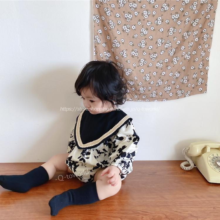 60cm-90cm】ロンパース 花柄 長袖 ヴィンテージ 女の子 ベビー服 韓国
