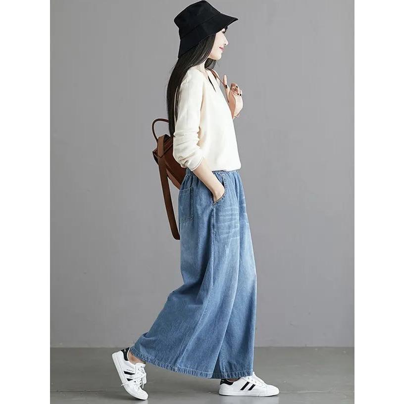 デニム ワイドパンツ ガウチョパンツ レディース ハイウエスト