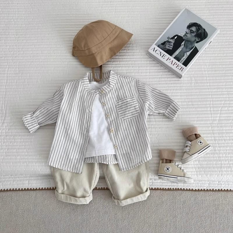 シャツ ブラウス カジュアルシャツ ベビー キッズ 子供 男の子 白 長袖 立襟 ストライプ柄 73 80 90 出産祝い 七五三 写真撮影 保育園 幼稚園 通園 ブランド | ブランド登録なし | 08