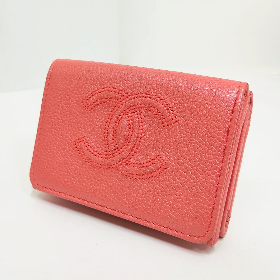 CHANEL ココマーク キャビアスキン Wホック 折財布 ピンク 美品 CHANEL シャネル Wホック三つ折り財布 キャビアスキン ピンク