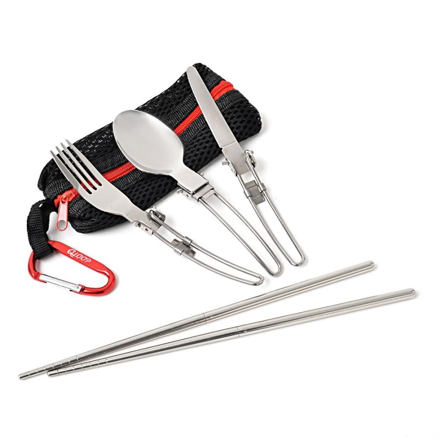 アウトドア 折畳式 シングルカトラリー 通気性バツグンのメッシュケース フォーク スプーン ナイフ つなぎ箸 カラビナ 6点セット | ブランド登録なし