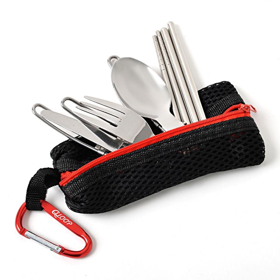 アウトドア 折畳式 シングルカトラリー 通気性バツグンのメッシュケース フォーク スプーン ナイフ つなぎ箸 カラビナ 6点セット | ブランド登録なし | 02