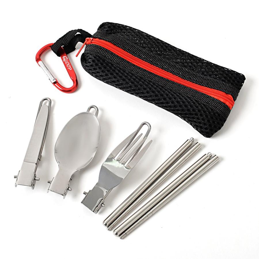 アウトドア 折畳式 シングルカトラリー 通気性バツグンのメッシュケース フォーク スプーン ナイフ つなぎ箸 カラビナ 6点セット | ブランド登録なし | 03