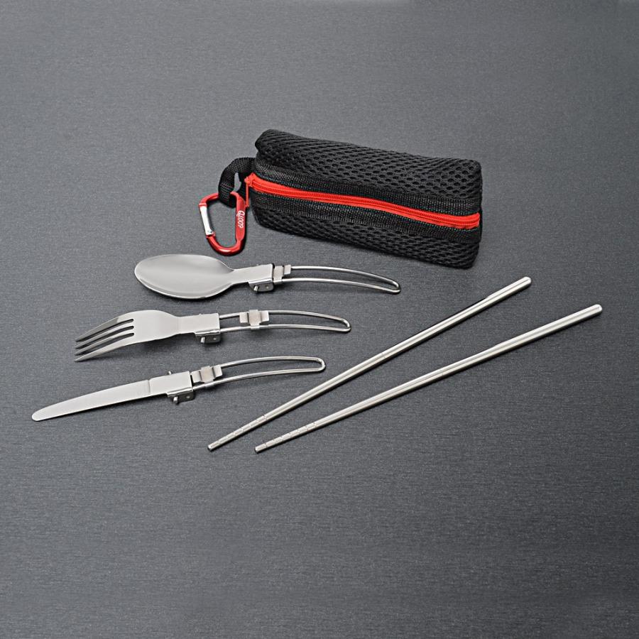 アウトドア 折畳式 シングルカトラリー 通気性バツグンのメッシュケース フォーク スプーン ナイフ つなぎ箸 カラビナ 6点セット | ブランド登録なし | 04