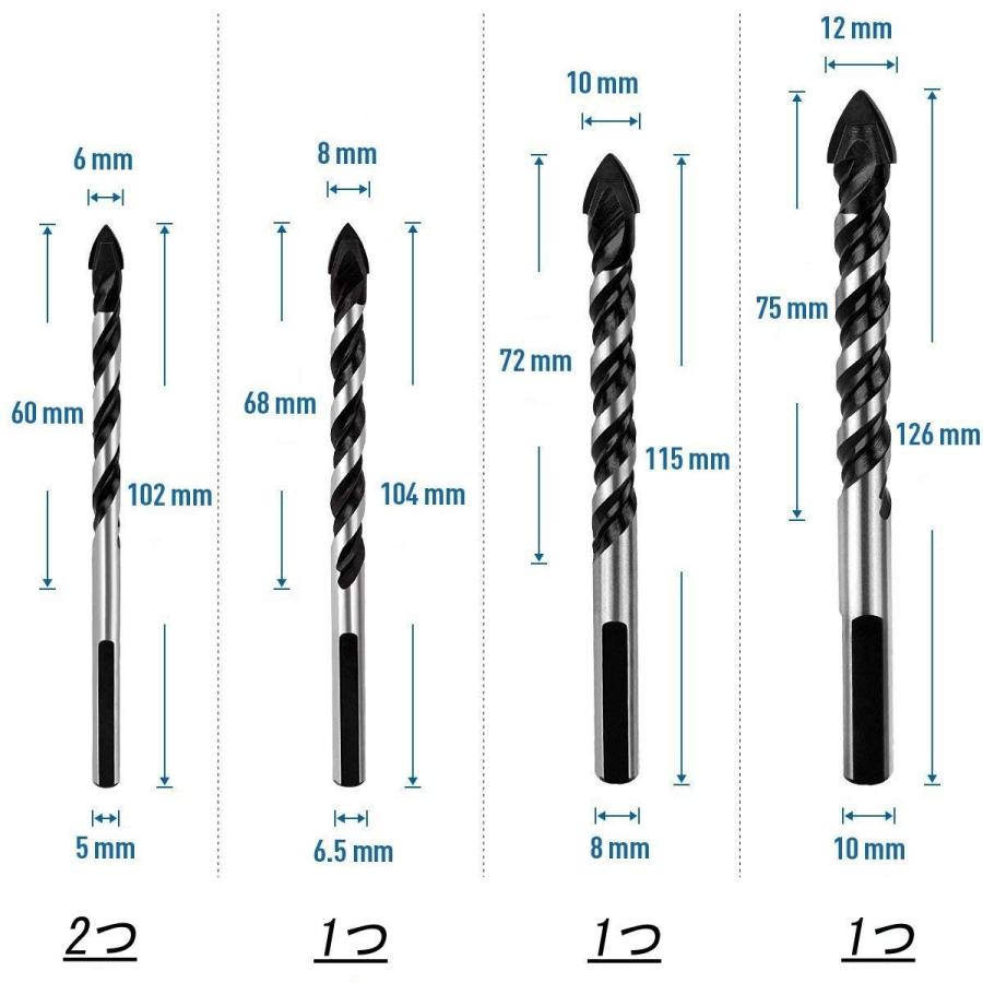 コンクリート対応ドリルビット タイル レンガ ガラス 合金ドリルビット5本セット (6mm 6mm 8mm 10mm 12mm) |  | 01