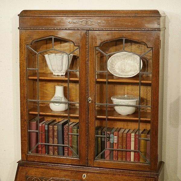 英国イギリスアンティーク家具 ビューローブックケース デスク 本棚  オーク材 ステンドグラス扉  A751｜qs-antiques｜03