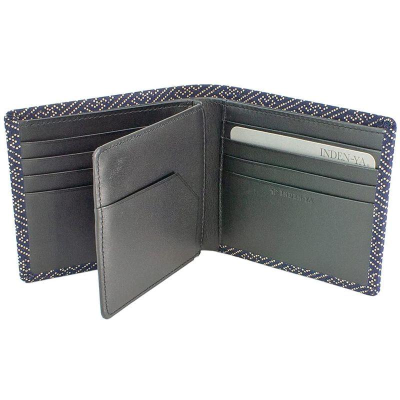 送料無料 新品 印傳屋 印伝 09 14 006 紗綾形柄 紺地 白漆 札入f 小銭入れ無し 二つ折り財布 財布
