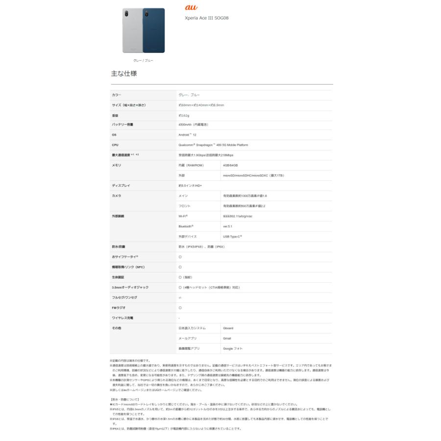 「新品 未使用品 白ロム」SIMフリー Xperia Ace III SOG08 グレー ※赤ロム保証  [AUからSimロック解除済][Sony/ソニー]［JAN:4941787101558］