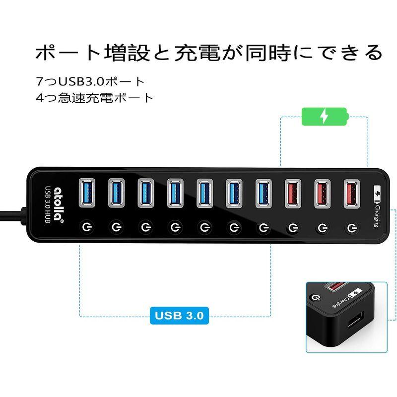 USB3.0ハブ 電源付き, atolla 7ポート5Gbps高速 USBハブ3.0 の 拡張+ 4充電ポート USB Hub 独立スイッチ｜qualityfactory｜02