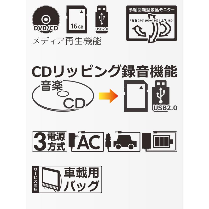 ポータブルDVDプレーヤー 9インチ 地デジTVチューナー搭載 DVD/CD再生 3電源対応 車載用バッグ付属 多軸回転型モニター HAK-9TV｜quattro｜04