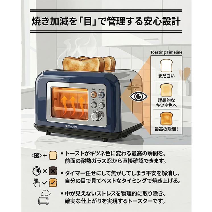 【Modéré】レトロ調窓付きポップアップ型トースター　HRS-2062 トースター 窓付き ポップアップトースター 焼き色が見える 冷凍パン