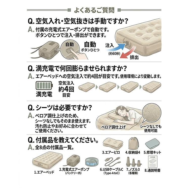 エアーベッド 電動 充電式ポンプで約60秒 シングル 耐荷重150kg ベロア
