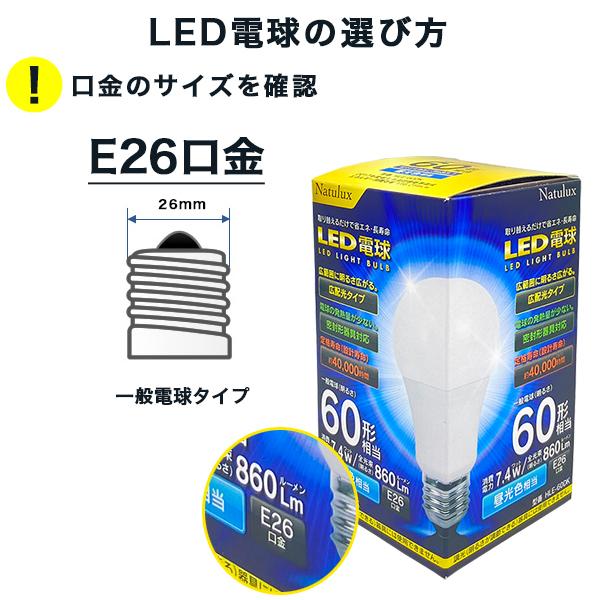LED電球 60W形相当 E26口金 昼光色 電球色 長寿命40000時間 消費電力