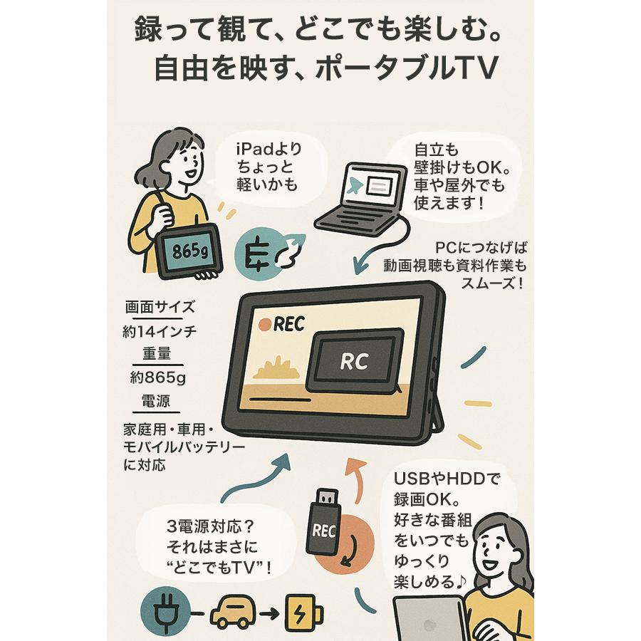 OT-PFT14TE 14インチポータブルテレビ HDMI ポータブルテレビ 14インチ 地デジ録画機能 3電源対応 地デジ