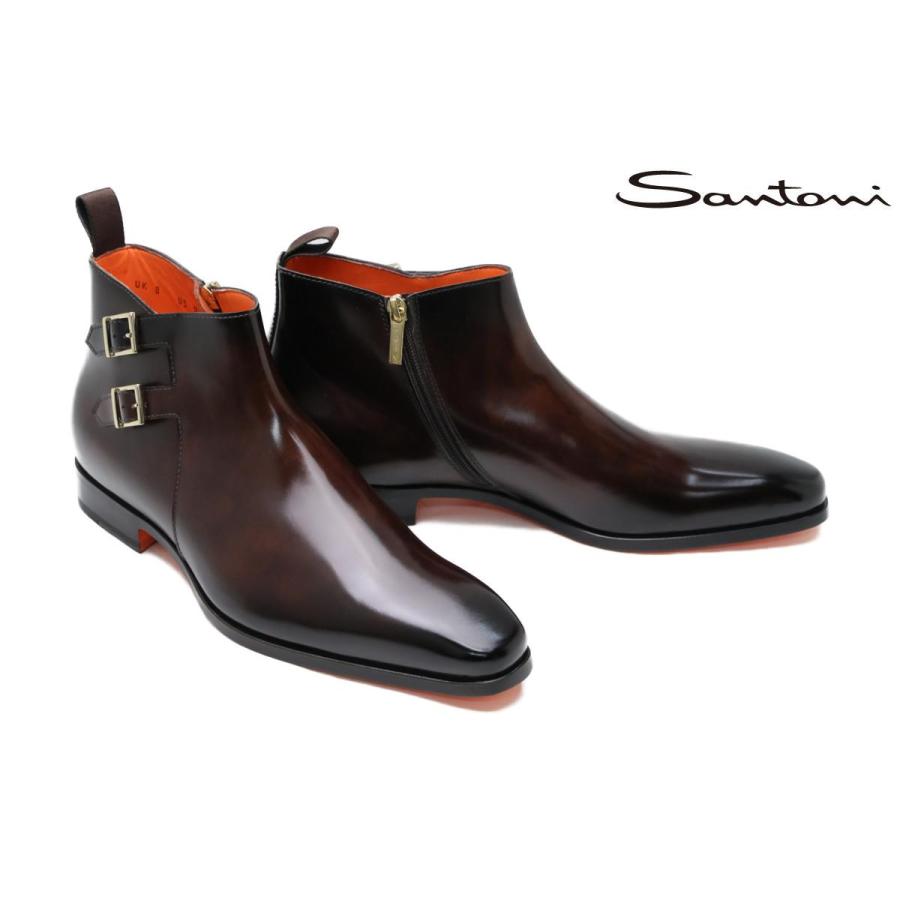 Santoni カーフレザー ベルテッド サイドジップ ショートブーツ