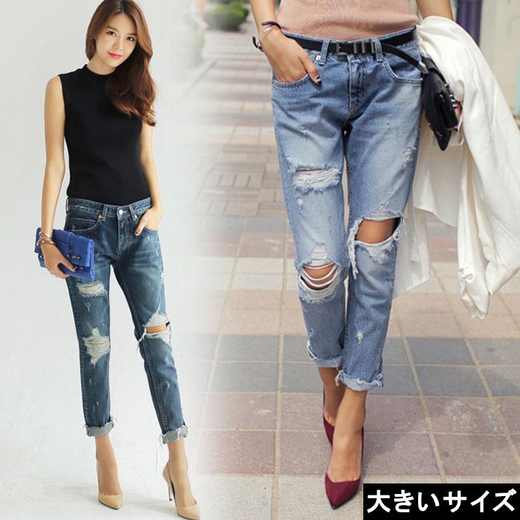 大きいサイズ レディース ダメージデニムパンツ クラッシュジーンズ ジーパン クロップドパンツ Ll 6l ダークブルー ライトブルー 新入荷 ネコポス可 L 6lサイズの服 下着専門店queen 通販 Yahoo ショッピング