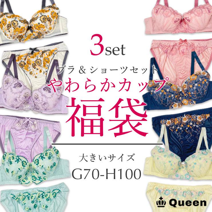 ブラセット 大きいサイズ 福袋 刺繍ブラ ショーツセット G70 G75 G80