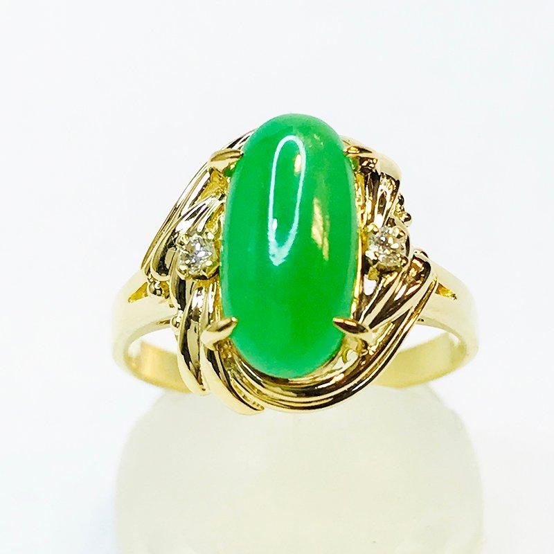 K18 ゴールド 翡翠 ヒスイ 12x6x3mm ダイヤ D 0.05ct リング 