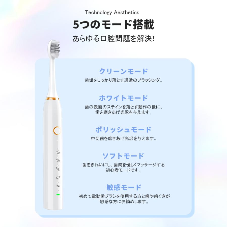 電動歯ブラシ 音波歯ブラシ 5本替えブラシ 歯ブラシ 38000回転/分 USB