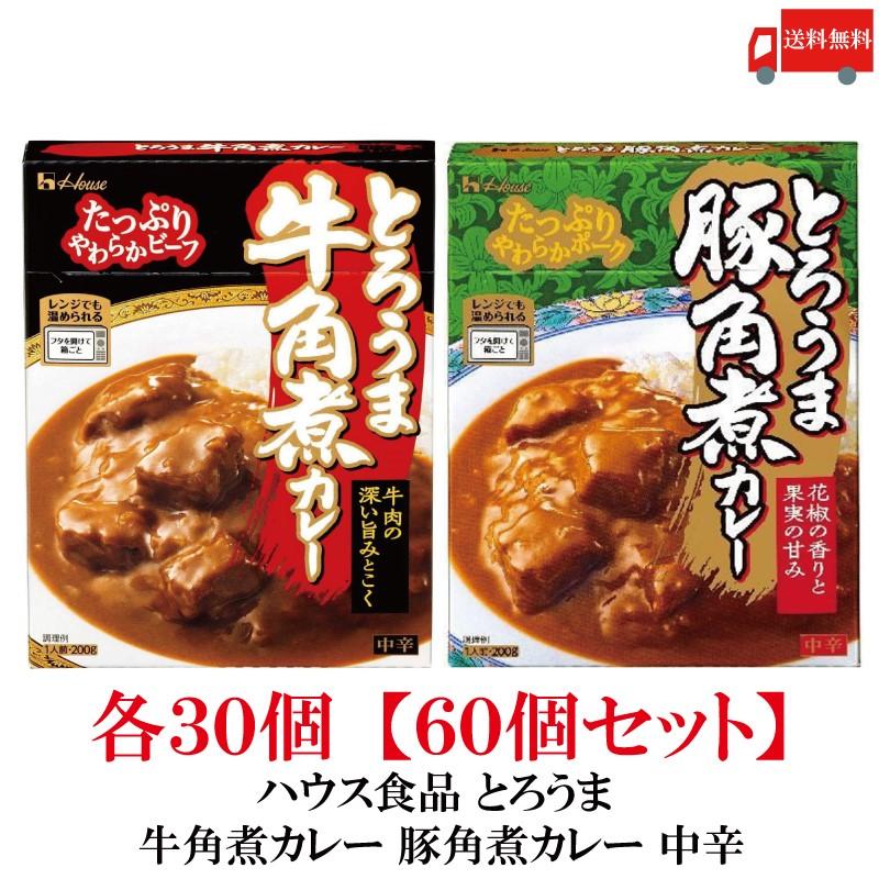 送料無料 ハウス食品 とろうま 牛角煮カレー 豚角煮カレー 中辛 各30個 【60個セット】 | ハウス食品