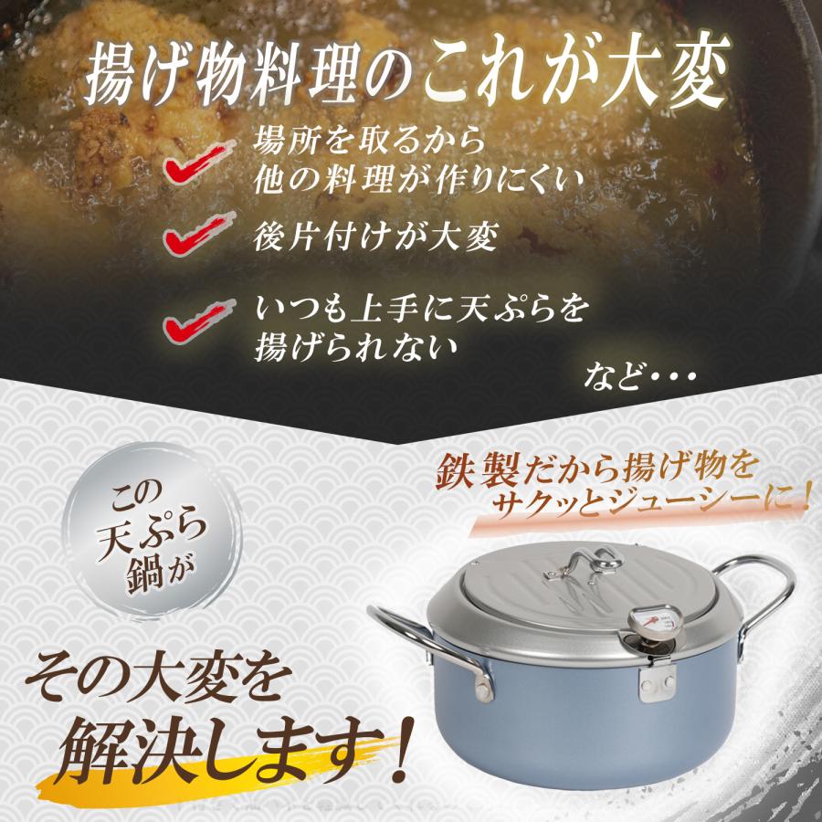 鉄 製 天ぷら鍋 20cm ガード枠 バット蓋付 温度計付き IH ガス火
