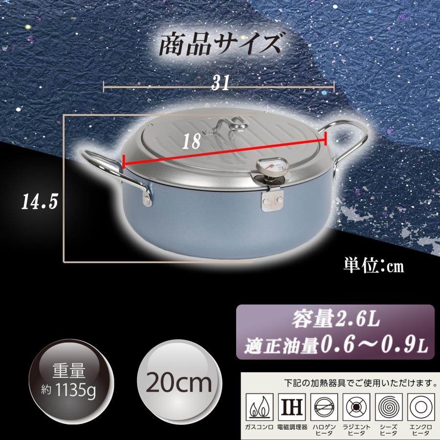 鉄 製 天ぷら鍋 20cm ガード枠 バット蓋付 温度計付き IH ガス火対応
