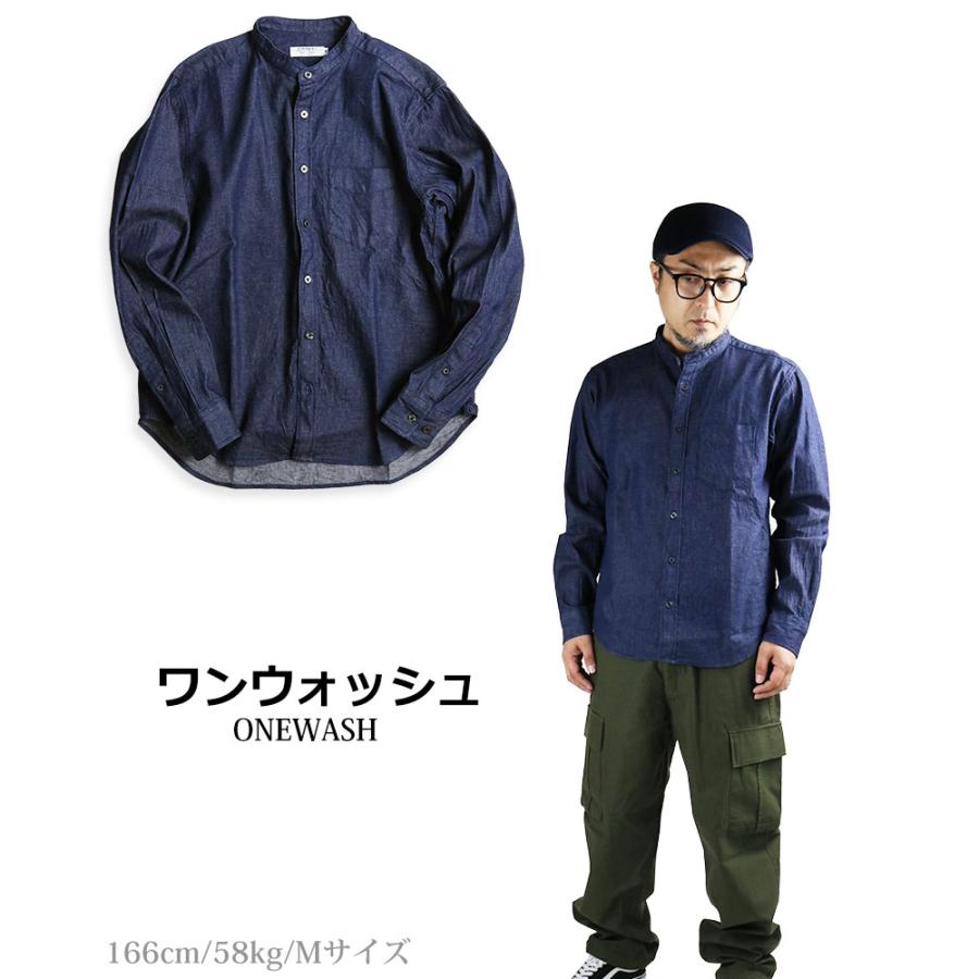 バンドカラーシャツ メンズ 日本製 デニムシャツ ノーカラー スタンド
