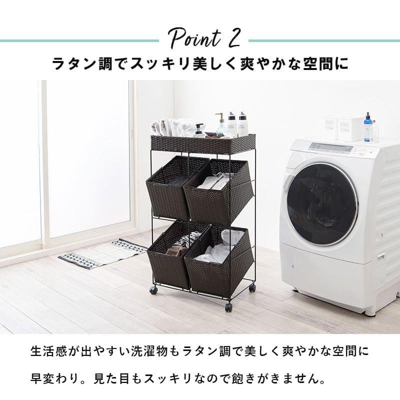 ランドリーバスケット 洗濯カゴ ラック 2段 2列 ラタン キャスター 大