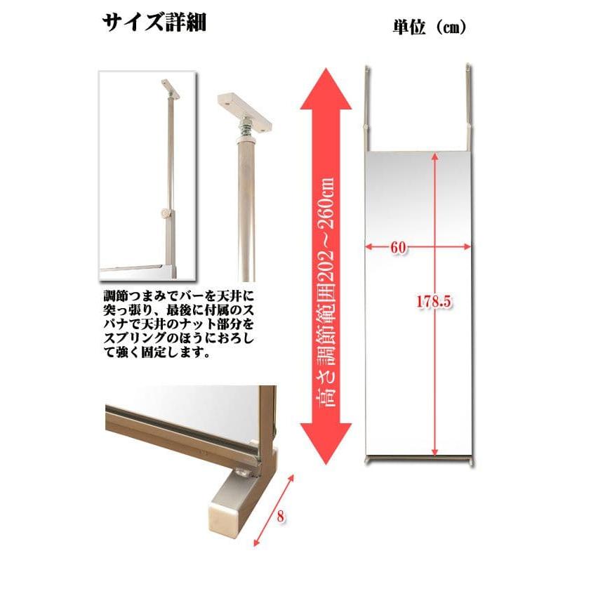 パーテーション 鏡 ミラー 突っ張り 姿見 全身 ラック リビング 60 薄型 コンパクト 日本製 つっぱり アイアン 天井 枠なし おしゃれ 垂直 ノンフレーム｜quoli｜04