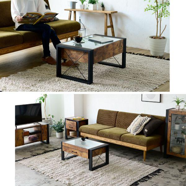 ローテーブル ガラス 引き出し 収納 木製 天板 一人暮らし スリム 小さめ ヴィンテージ 長方形 コンパクト 座卓 高級 ソファ 幅75 頑丈 木目 おしゃれ