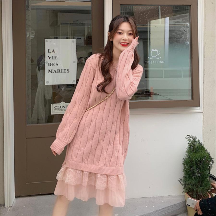 ガーリー ニットワンピース 冬 ニット セーター ドレス レディース ツイストラップ チュール レース ロング 長袖 無地 ゆったり 切り替え Nwp 1 ドーリア ヤフー店 通販 Yahoo ショッピング