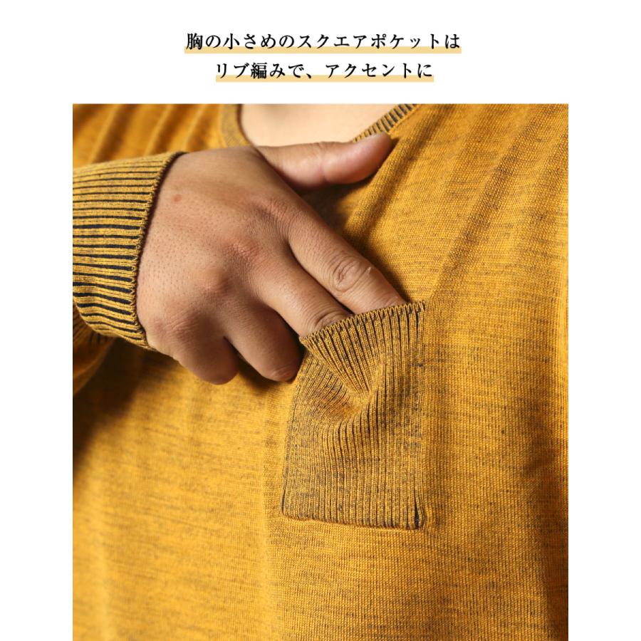 大きいサイズ ニット セーター メンズ クルーネック Gstage(ジーステージ) プレーティング編み スクエア胸ポケット 切替 2L 3L 4L   カジュアル 黄 黒 春 秋 冬 |  | 04